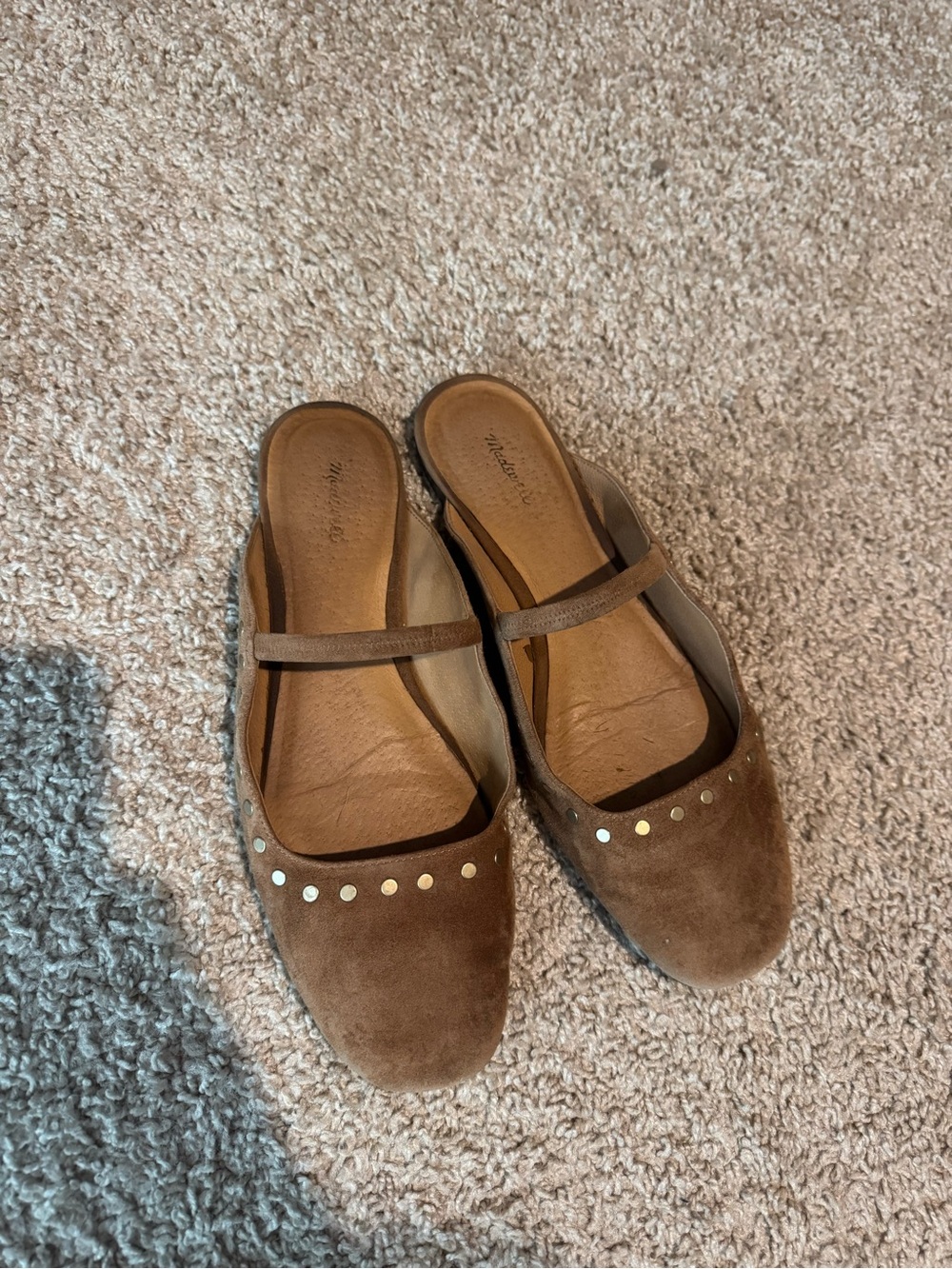 Madewell Brown Suede Mary-Jane Flats with Gold Studs
